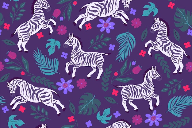 Seamless pattern with zebras and flowers Vector graphics