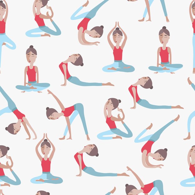 seamless pattern of woman in different kind positions of yoga