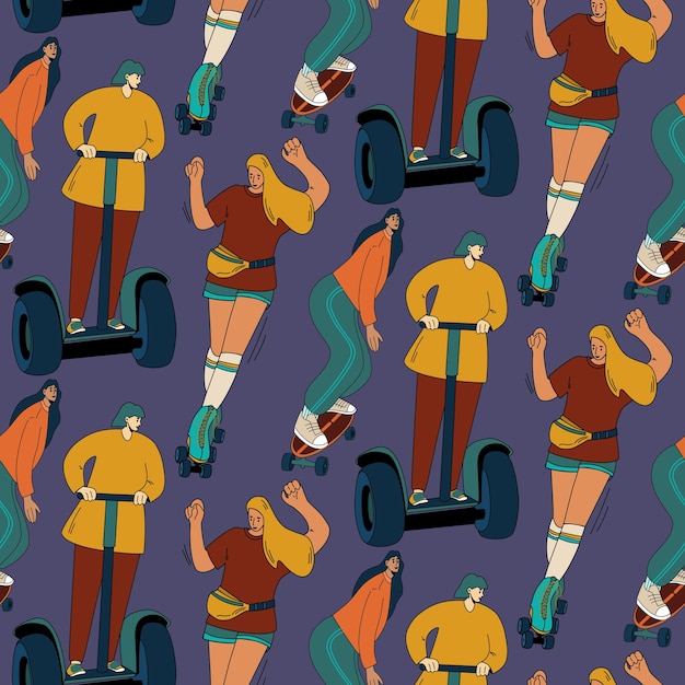 Seamless pattern of women on a skateboard and scooter Vector pattern with active people