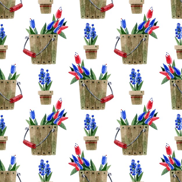 Seamless pattern of wooden buckets with tulips and blue hyacinths in clay pots Garden tools and flowers Handdrawn watercolor illustrations on a white background For flower market textiles print