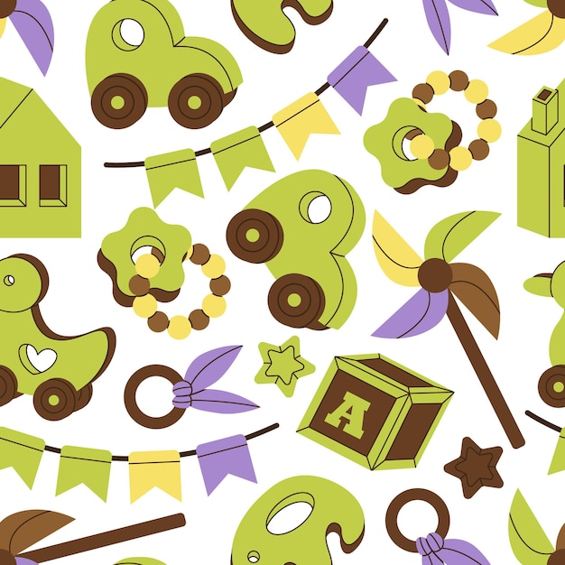 Seamless pattern of wooden vintage toys for kids. Children car, duck, rattle, elephant, toy cubes