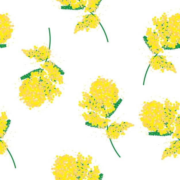 Seamless pattern of yellow mimosa flowers on a white background