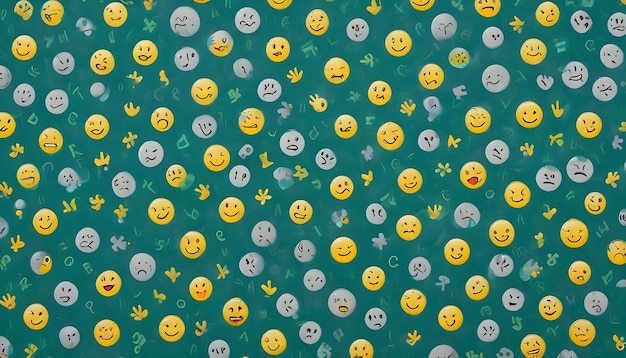 Vector seamless pattern of yellow smiley faces and white sad faces on a green background representing a playful contrast between happiness and sadness