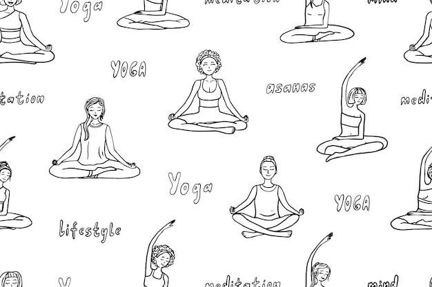 Vector seamless pattern of yoga theme in doodle style balance body mind energy fitness health asanas