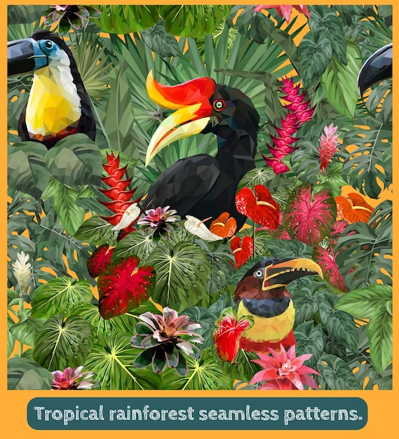 Seamless patterns art of Amazon tropical rainforest and colorful toucan birds.