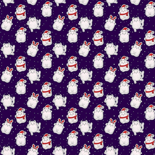 Seamless patterns Cats in hat with antlers in Santa hat on blue background with white snowflakes