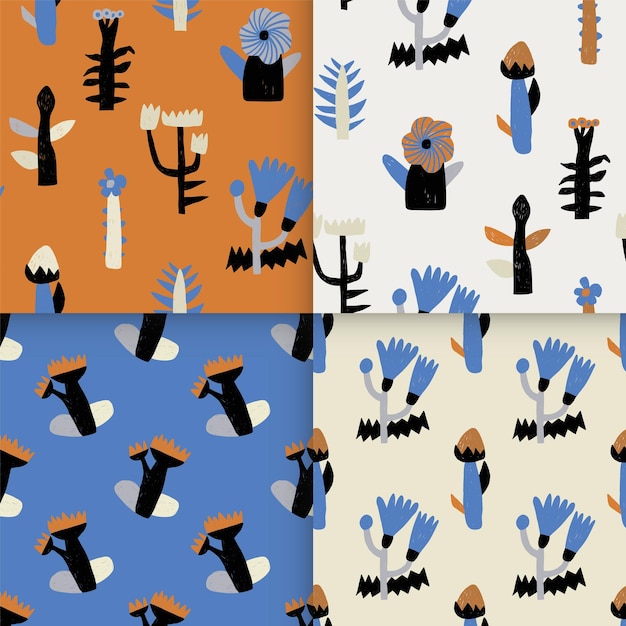 Seamless patterns collection with geometric stylized plants Floral patterns