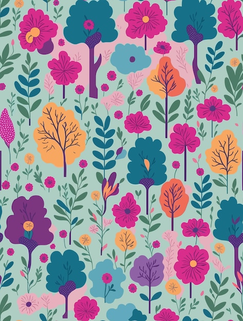 Seamless patterns of flowers and trees rainbowthemed