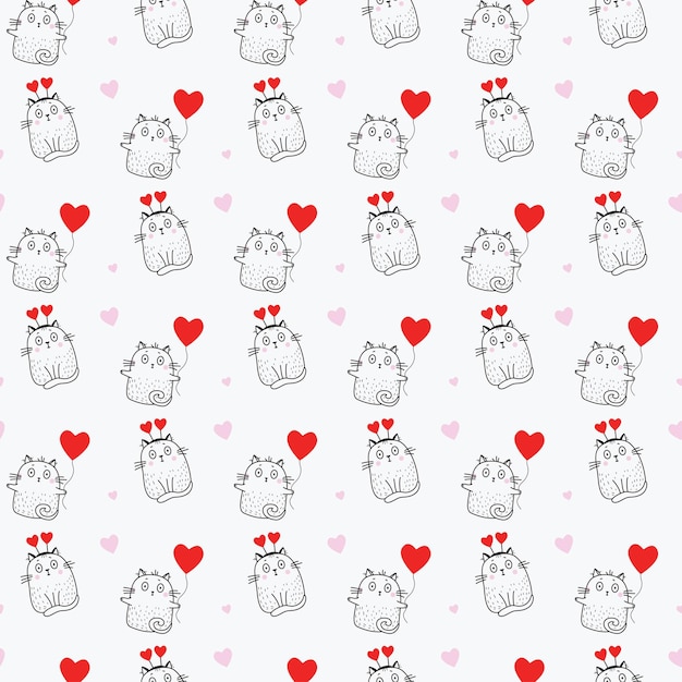 Seamless patterns Holiday cute cats with balloon on white background Outline