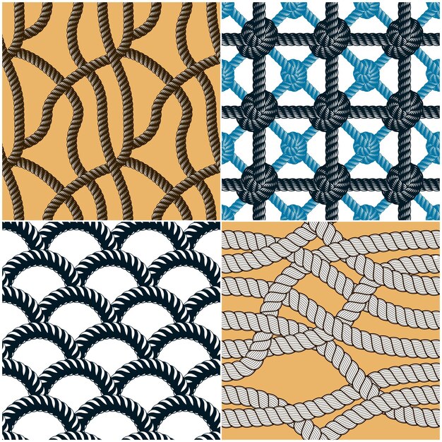 Vector seamless patterns rope woven vectors set, abstract illustrative backgrounds collection. endless navy illustrations with fishing net ornament and marine knots. usable for fabric, wallpaper, wrapping, w