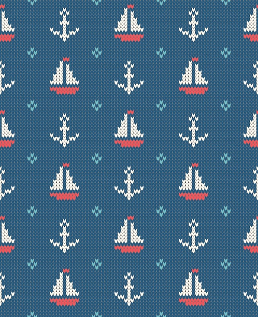 Seamless patterns on sea theme in white turquoise red and dark blue colors Vector woolen knitted texture