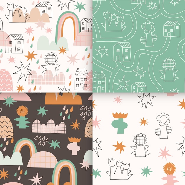 Seamless patterns set in cartoon style with houses flowers and rainbows Baby illustrations