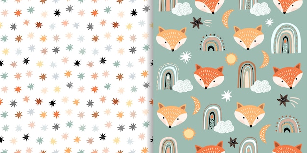 Seamless patterns set with foxes and stars