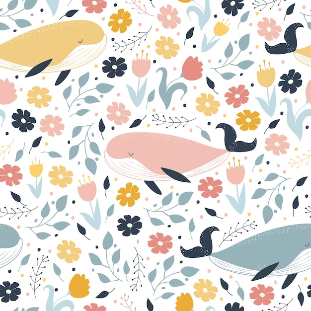 Seamless patterns. Whales swim in flowers. Dreams. Vector illustration