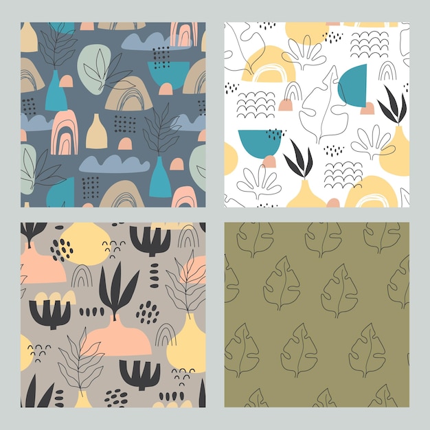 seamless patterns with abstract elements, leaves, twig