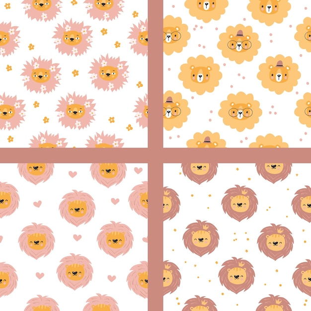 Seamless patterns with funny cute lion. Childish animal background. Perfect for fabric, textile