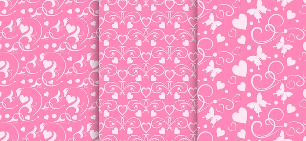 Seamless patterns with hearts and butterflies