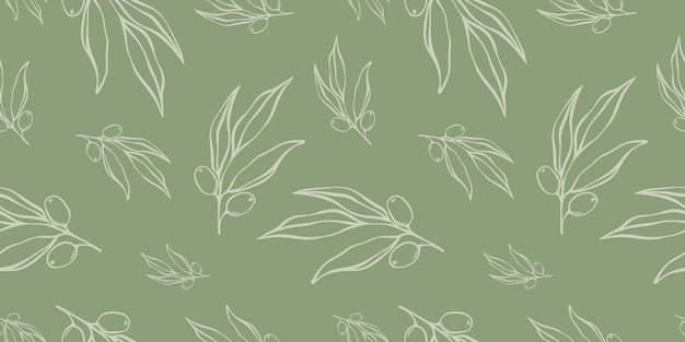 Seamless patterns with Olive Branch in Modern Minimal Liner Style Vector Floral Backgrounds