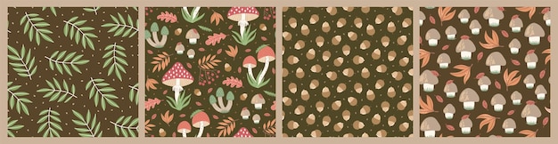 Seamless patterns with wild mushrooms and leaves