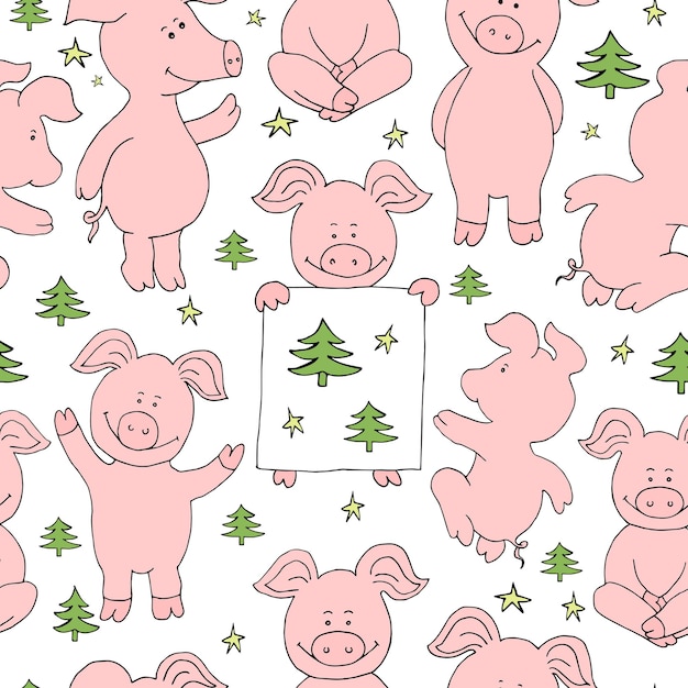 Seamless pig collection set Banner happy new year greeting card