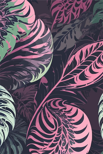 Seamless Pink and Grey Monstera Leaves Background in Flat 2D Vector Style