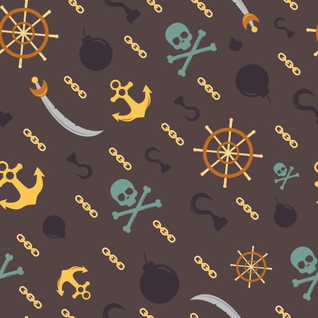 Vector seamless pirate theme pattern vector background with skulls anchors bombs and other