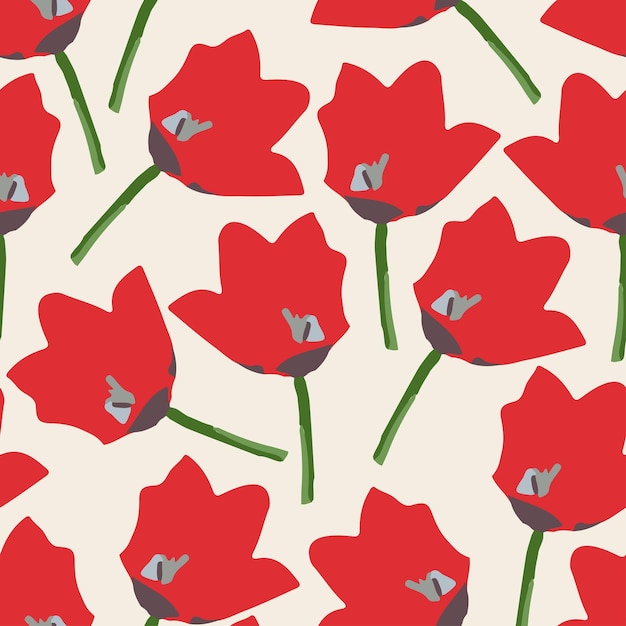 Seamless plants pattern background with red hand drawn flowers greeting card or fabric