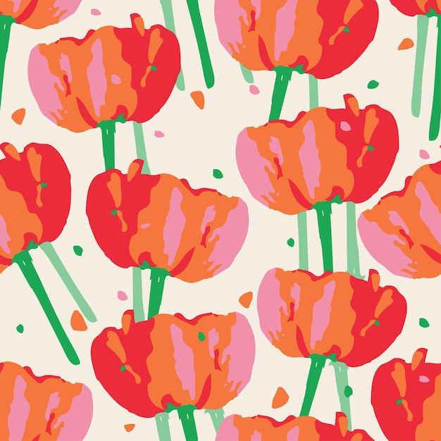 Seamless plants pattern background with set of tulips greeting card or fabric