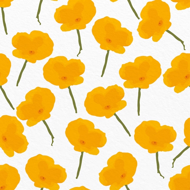 Seamless plants pattern background with simple yellow watercolour flowers greeting card or fabric