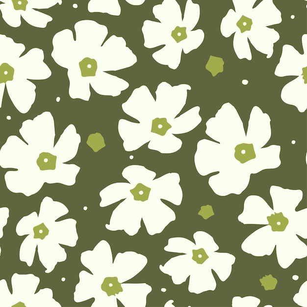 Seamless plants pattern background with white cute flowers greeting card or fabric