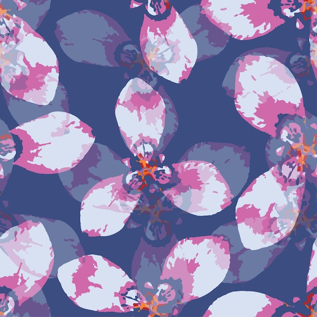 Seamless plants pattern on blue background with orchids greeting card or fabric