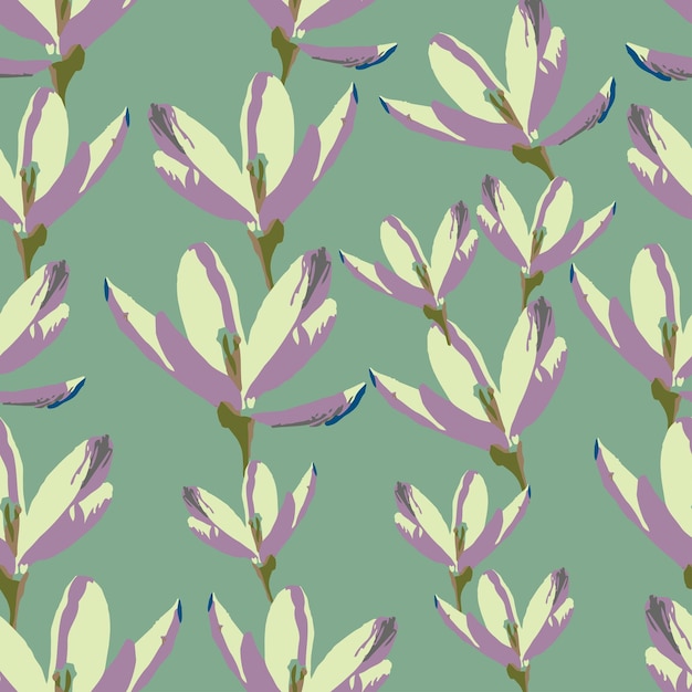 Seamless plants pattern on green background with flowers greeting card or fabric