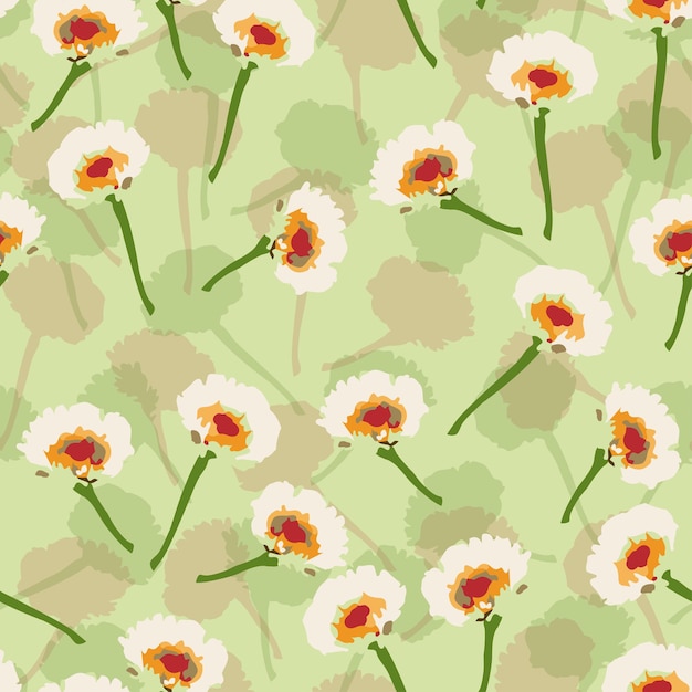 Seamless plants pattern on green background with mixed flowers greeting card or fabric