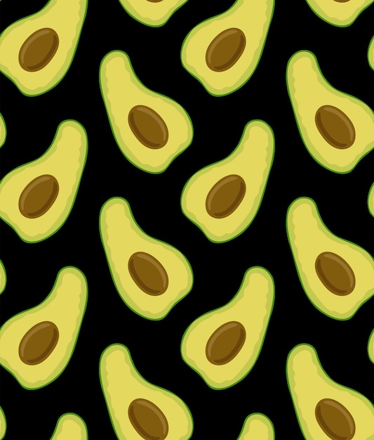 SEAMLESS POP ART PATTERN WITH RIPE AVOCADO SLICES ON A BLACK BACKGROUND IN VECTOR