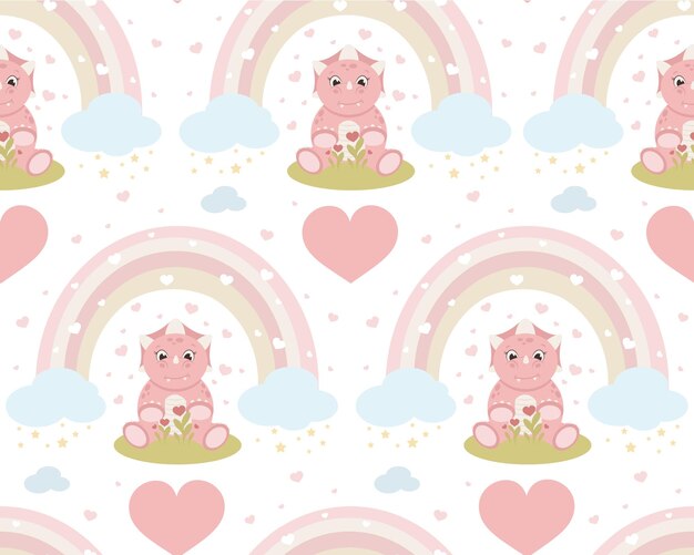 Seamless princess dinosaur animal pattern vector illustration cute doodle childish design