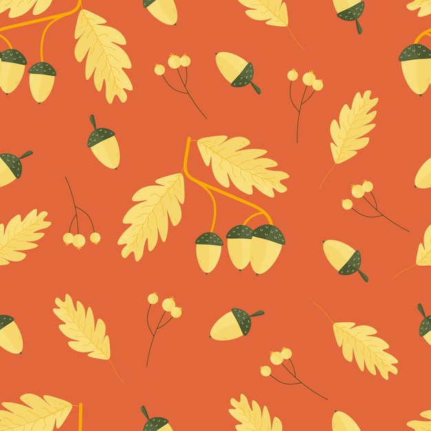 Seamless print of autumn leaves of birch oak chestnut berries Autumn cozy background for text printing on fabric office wallpaper paper scrapbooking Vector illustration with botanical elementsxA