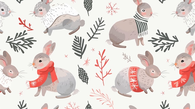 Seamless Rabbit Pattern Winter Background Vector Illustration