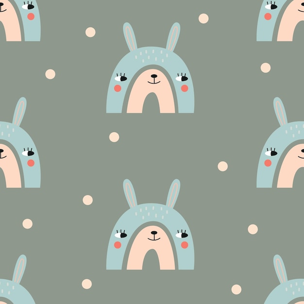 Seamless rainbow pattern with cute rabbit. Vector illustration