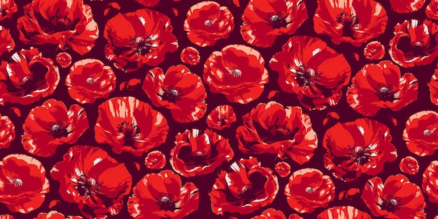 Vector seamless repeating pattern of red poppies flower heads with delicate petals half drop print