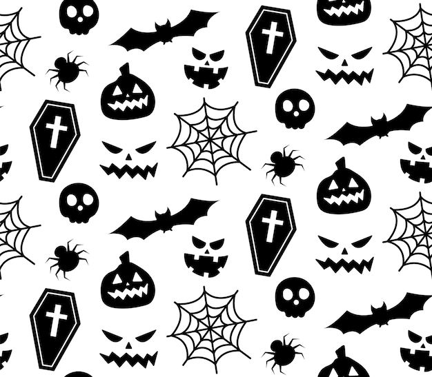 Seamless repeating pattern with Halloween symbols. Design of silhouettes for the holiday Halloween. for postcard, fabric, banner, template, wrapping paper. Vector flat illustration.