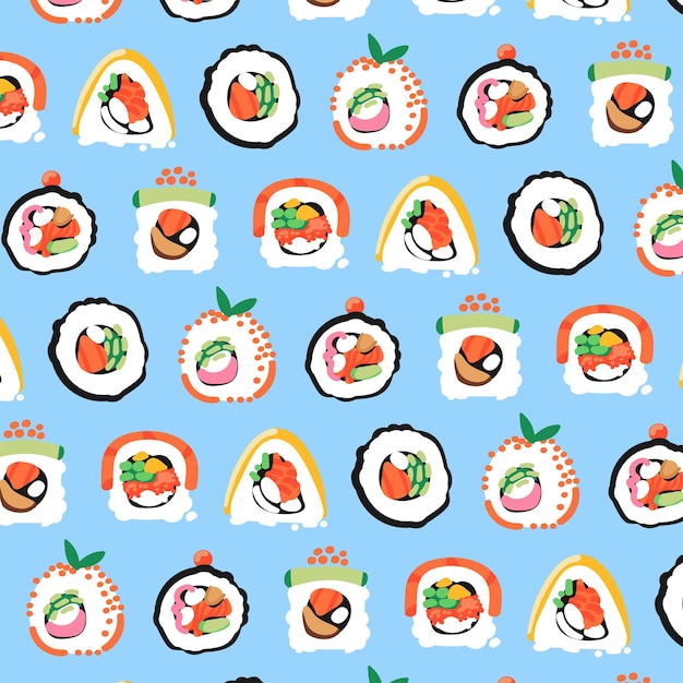 Seamless roll sushi illustration pattern blue background