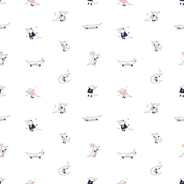 Seamless Scandinavian pattern with cute animal, crocodile character. Childish background, texture design. Baby gator repeating print in Scandi style. Childrens flat vector illustration for textile.