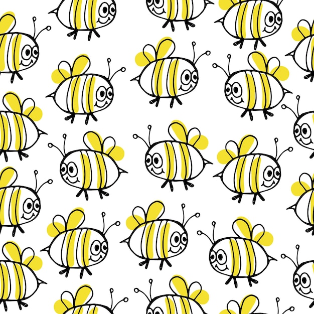 Seamless scandinavian pattern with cute doodle outline hand drawn bee Vector illustration