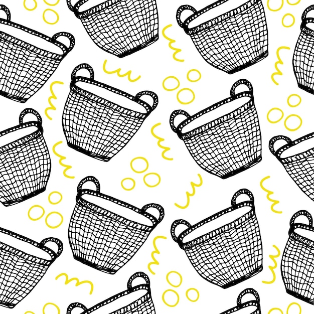 Seamless scandinavian pattern with cute doodle outline hand drawn wicker basket Vector illustration