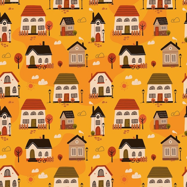 Seamless Scandinavian town pattern Endless background with cute small houses autumn trees Repeating print of sweet homes in Nordic Scandi style Repeatable texture Colored flat vector illustration