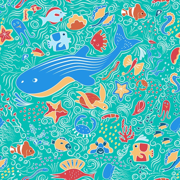 Seamless sea ornamental pattern Sink fish starfish skates octopus and other deepsea animals