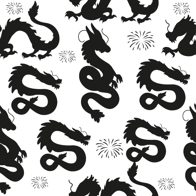 Vector seamless silhouette pattern chinese new year with dragons