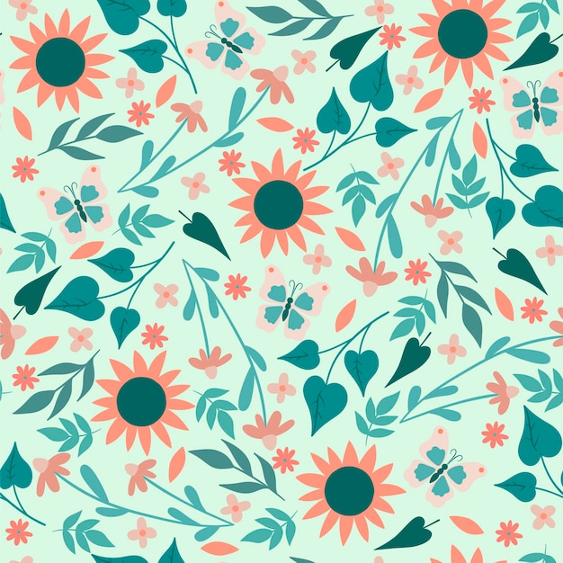 Seamless simple floral pattern with flowers and butterflies