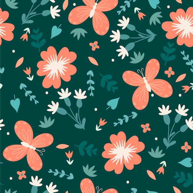 Seamless simple floral pattern with flowers and butterflies