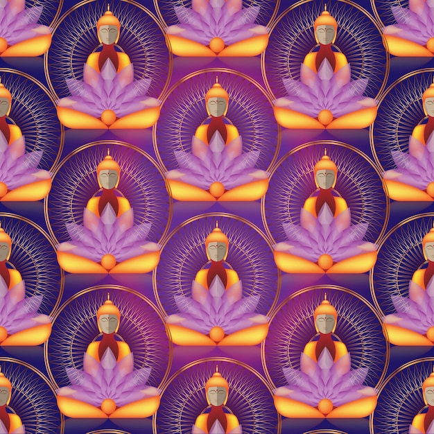 Seamless Sitting Buddha over gold Mandala and lotus flowers. Esoteric vector Vintage background